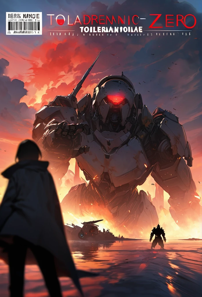 ((highest quality)), ((masterpiece)), ((detailed)), A manga anime cover with high quality. Scene featuring a giant rusty robot leaning to the side, emitting a red glow and making a threatening gesture. Black silhouettes of characters fleeing and confronting the robot. Fallen lampposts leading towards a lake on the side of the cover, with a catastrophic backdrop. Title: "Tolerância Zero: A Saga do Multiverso - Volume Um". Include a barcode.
