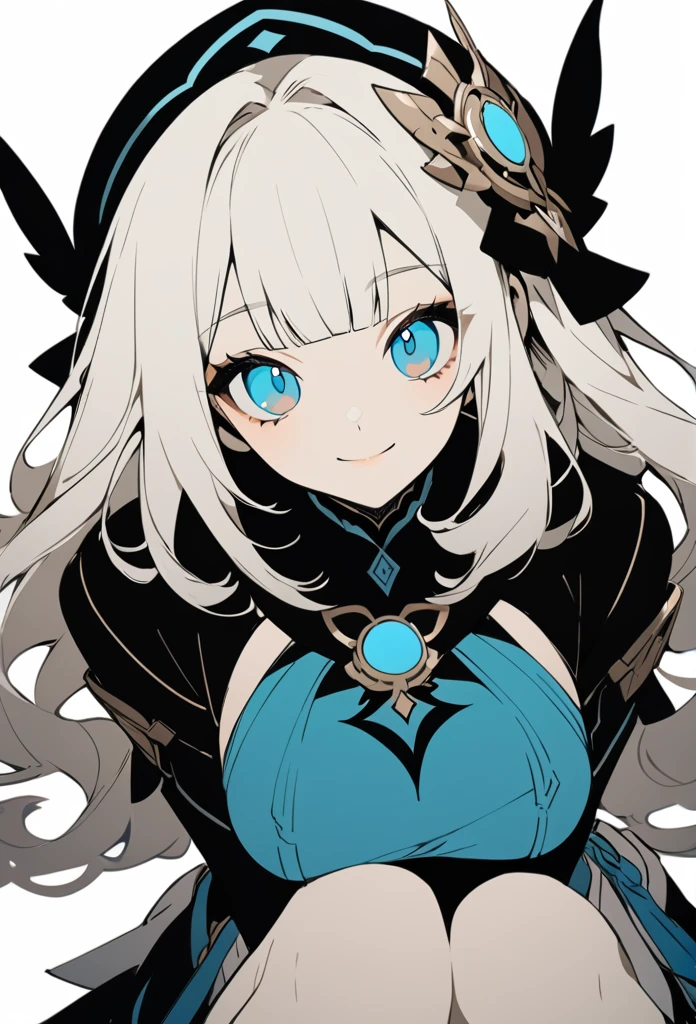 flat color, 1girl, solo, white hair, blue eyes, sitting, white background, , looking at viewer, smile, blunt bangs, looking at viewer, closed mouth, genshin impact clothes, large breast,