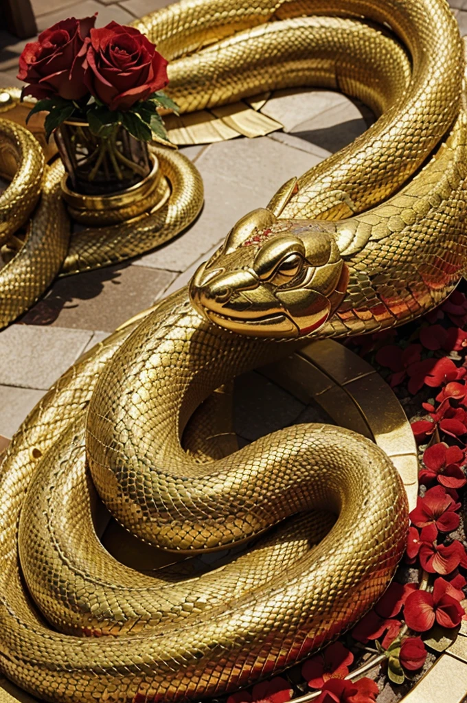 Serpent, fleurs rouge, white and gold, realistic masterpiece