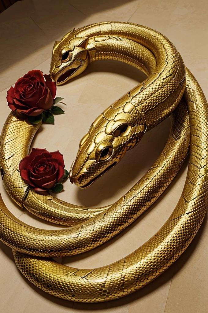 Serpent, fleurs rouge, white and gold, realistic masterpiece