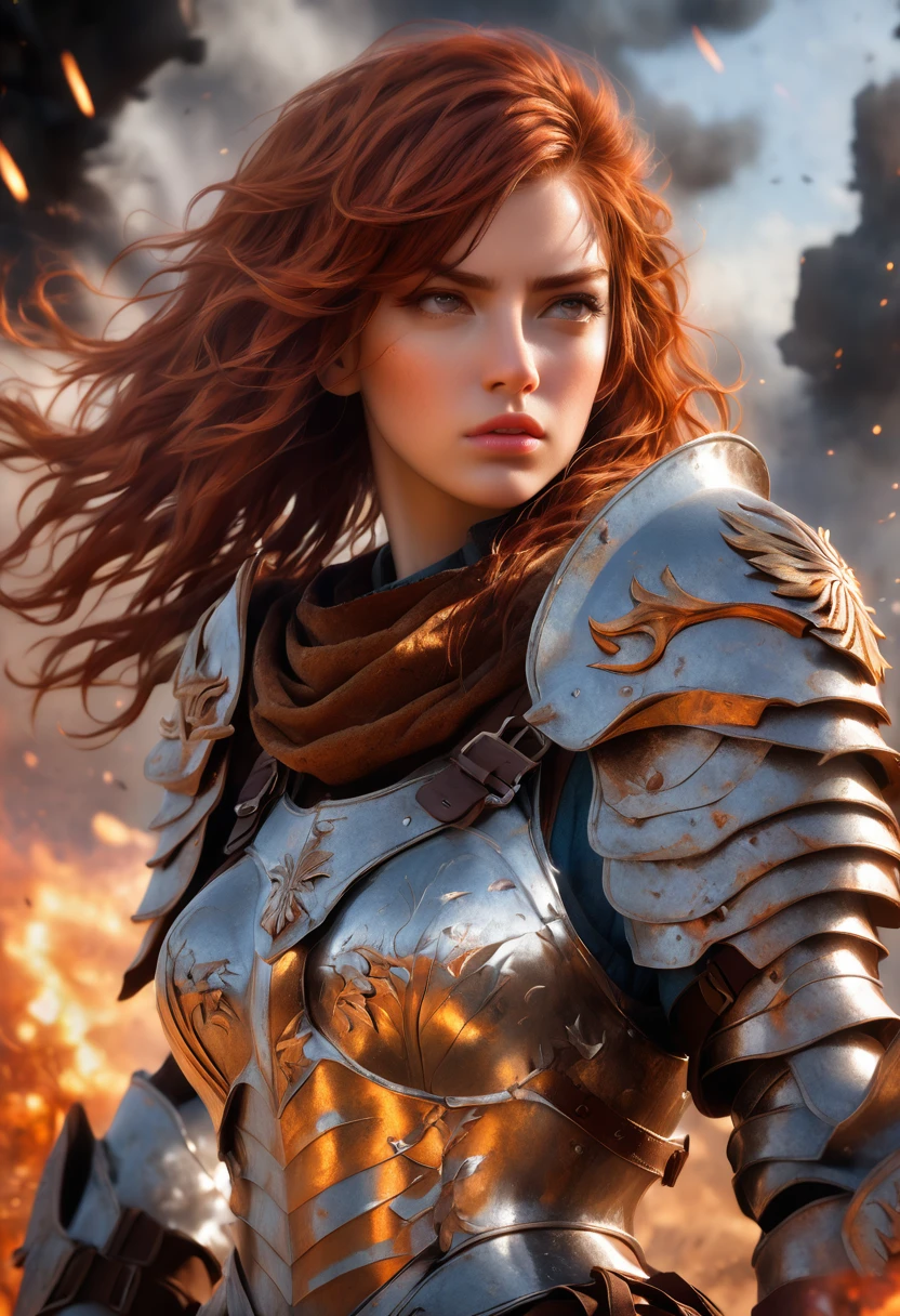 (masterpiece, best quality), Long shot from the front,1 girl, Auburn haired girl in heat treated steel armor, Looking up at danger, low angle shot, battlefield background, fire background, messy hair, broken armor, ragged clothes, detailed eyes, detailed lips, extremely detailed face, realistic, photorealistic, ultra-detailed, vibrant colors, (dramatic lighting), detailed skin, LnF, 