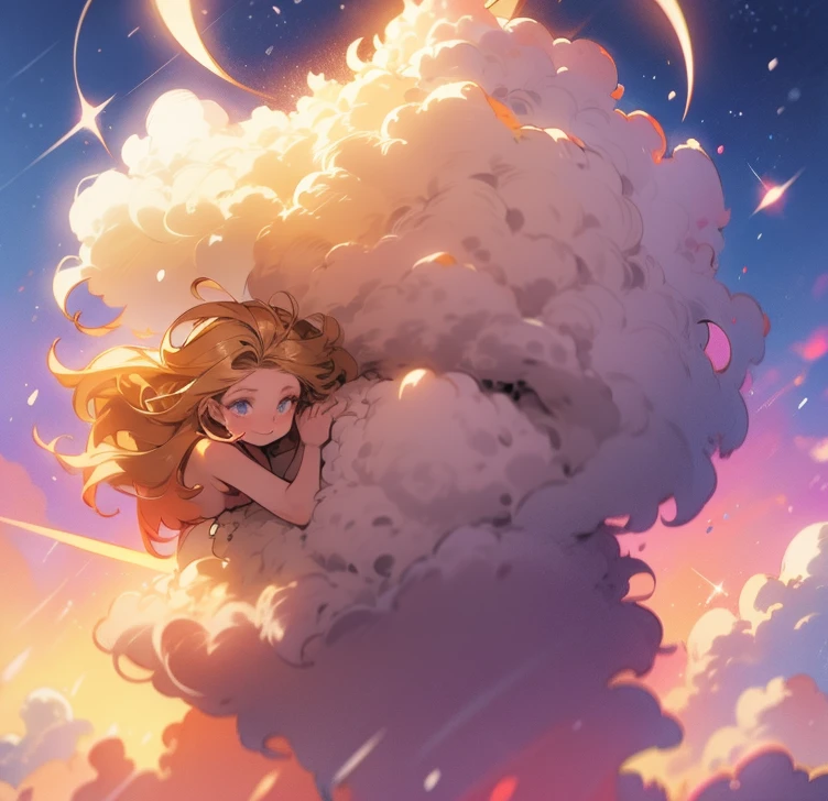 a beautiful 20 year old blonde nude woman with big messy hair, laying on a fluffy cloud, floating gracefully over a small city, cityscape, twinkling stars and glowing moon at night, cute detailed digital art, colorfull digital fantasy art, digital fantasy art ), glossy digital painting, rossdraws pastel vibrant, rossdraws 2. 5, rossdraws 1. 0