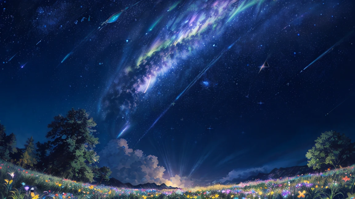 (zoomed out:1.1), (meteor shower:1.2), (comet:1.1), view back her, a girl, low angle, aroura borealis, shooting star, best quality, masterpiece, cloud, colorful, starry, stars, night, flower field, flower blossom, night sky, beautiful flowers, night theme, romantic, vibrant, starry night,