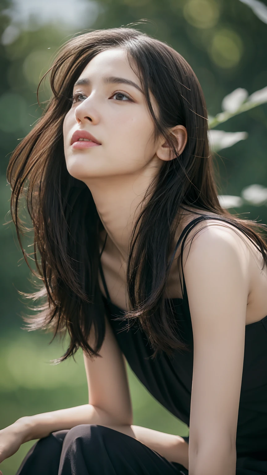 Super detailed, High resolution, Realistic, RAW Photos, ((Real person)), Detailed skin, (Delicate black eyes ), Soothing woman with droopy eyes, calm and calm, Mid-length hair, skinny, clothing, The wind is blowing, puppet、, photoRealistic, masterpiece, Highest quality, High resolution, 4K, 超High resolution, Textured skin、