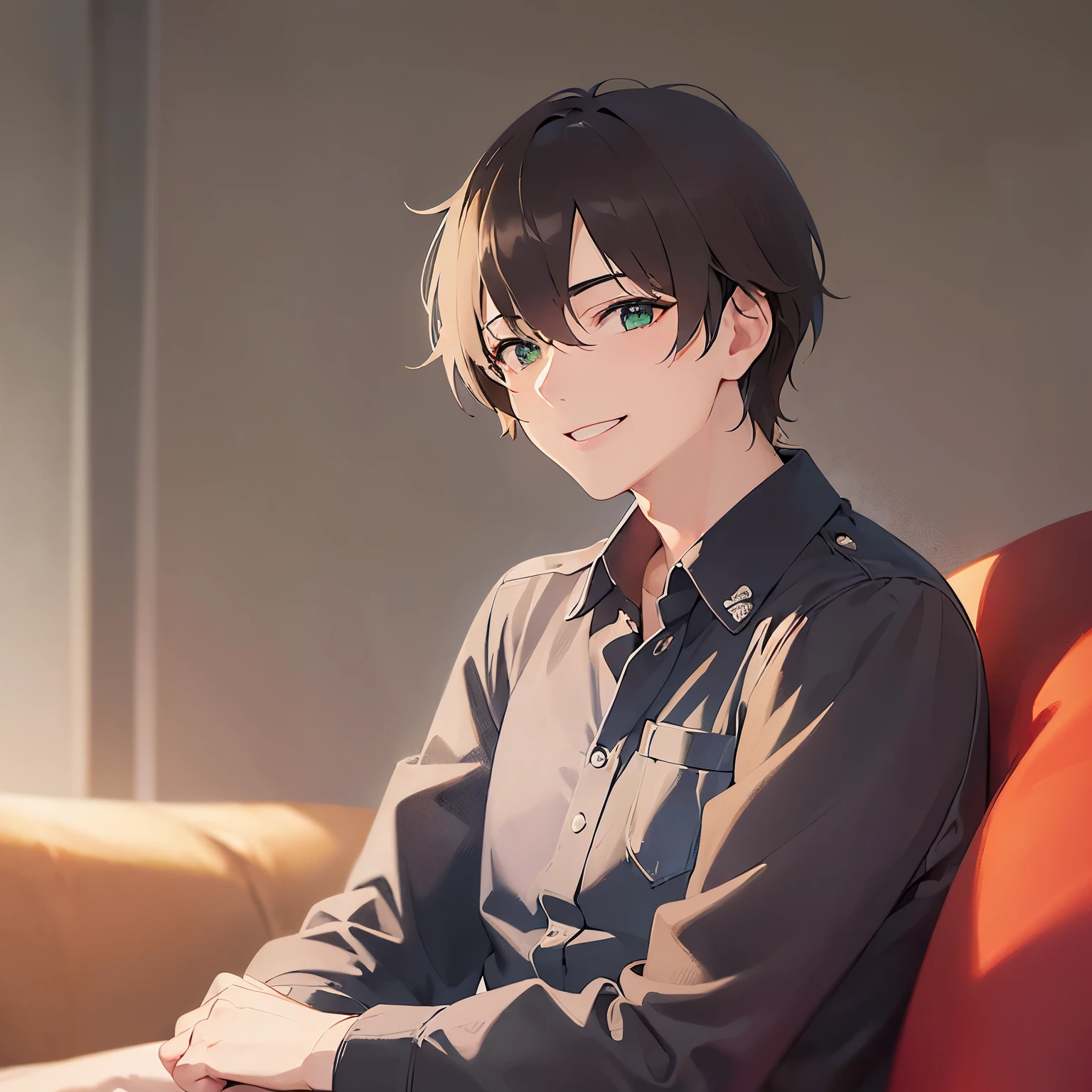 BREAK (25-year-old male:1.5) and (Mahogany brown short hair) and (Green Eyes) BREAK,(looking away:1.5)、Shooting from the front、close-up,looking side,Side shot、masterpiece、Highest quality、 (smile:1.5),The background is the living room、Sitting on the couch、Wearing a collared shirt、（alone:1.5）
