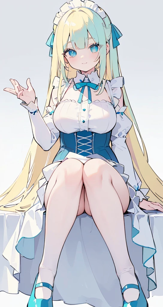 (long beautiful blonde hair) cyan eyes, (Eyes behind long bangs) big breasts, Sitting pose using accessories (using socks) perfect shiny beautiful cyan shoes (Wearing luxurious palace maid clothes Perfect perfect noble) Pose facing sideways (Girl1, straight hair not too long, bangs covering one eye, soft face, gentle smile) long BLONDE hair, beautiful cyan eyes (Sitting pose, right hand down, left hand down, leaning pose, smile kawai, (blank white background) Wearing a blue corset, (Using a beautiful bright blue ribbon) Kawai shy cute eyes (cyan colored shoes must be shiny, Must wear short white socks) Short custom maid sleeves reaching mid-shoulder