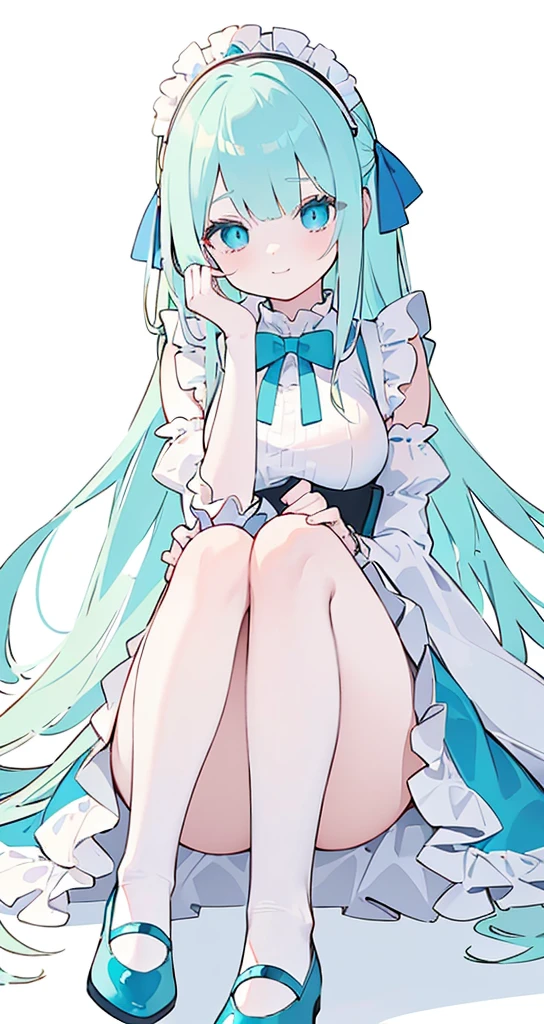 (long beautiful blonde hair) cyan eyes, (Eyes behind long bangs) big breasts, Sitting pose using accessories (using socks) perfect shiny beautiful cyan shoes (Wearing luxurious palace maid clothes Perfect perfect noble) Pose facing sideways (Girl1, straight hair not too long, bangs covering one eye, soft face, gentle smile) long BLONDE hair, beautiful cyan eyes (Sitting pose, right hand down, left hand down, leaning pose, smile kawai, (blank white background) Wearing a blue corset, (Using a beautiful bright blue ribbon) Kawai shy cute eyes (cyan colored shoes must be shiny, Must wear short white socks) Short custom maid sleeves reaching mid-shoulder