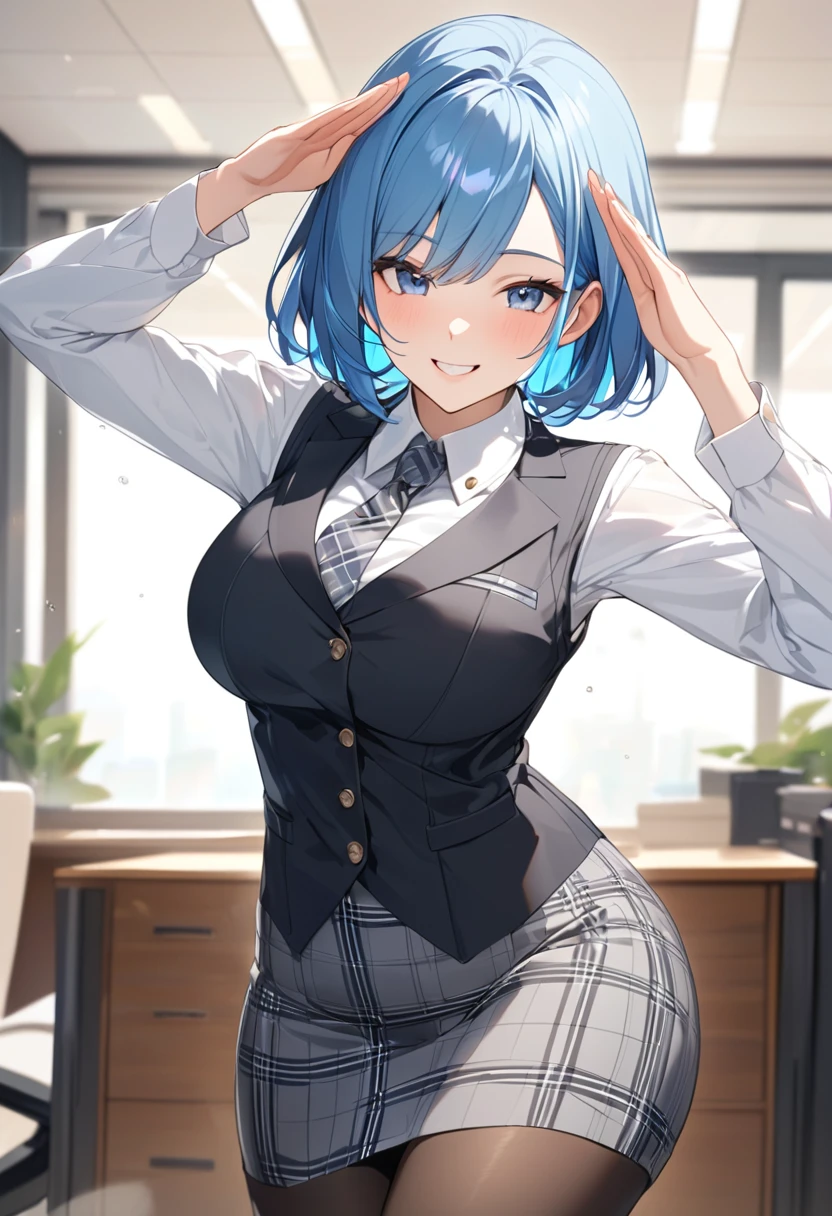 (Highest qualityのイラスト:1.2), (pretty girl:1.1), (1 girl、17 years old、Highest qualityのイラスト:1.2), (1 girl、smile、Beautiful breasts、Very detailedな目:1.2)、((Bright blue hair:1.2))、Short Bob Hair、(Highest quality、Very detailed、Very detailed and beautiful、Ultra-high resolution) 、BREAK wearing a [[white and gray plaid pattern]] vest over a long sleeve white collared-shirt), (buttoned gray vest:), (tight black pencil skirt), (pantyhose),office、Front facing、smile、Salute