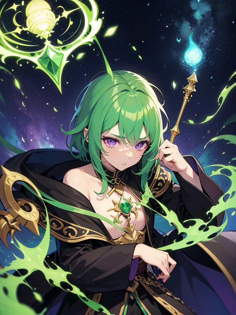 Man, mage, green hair, dark fantasy, detailed green and black cosmic robe, cosmic staff, pet dragon, purple eyes