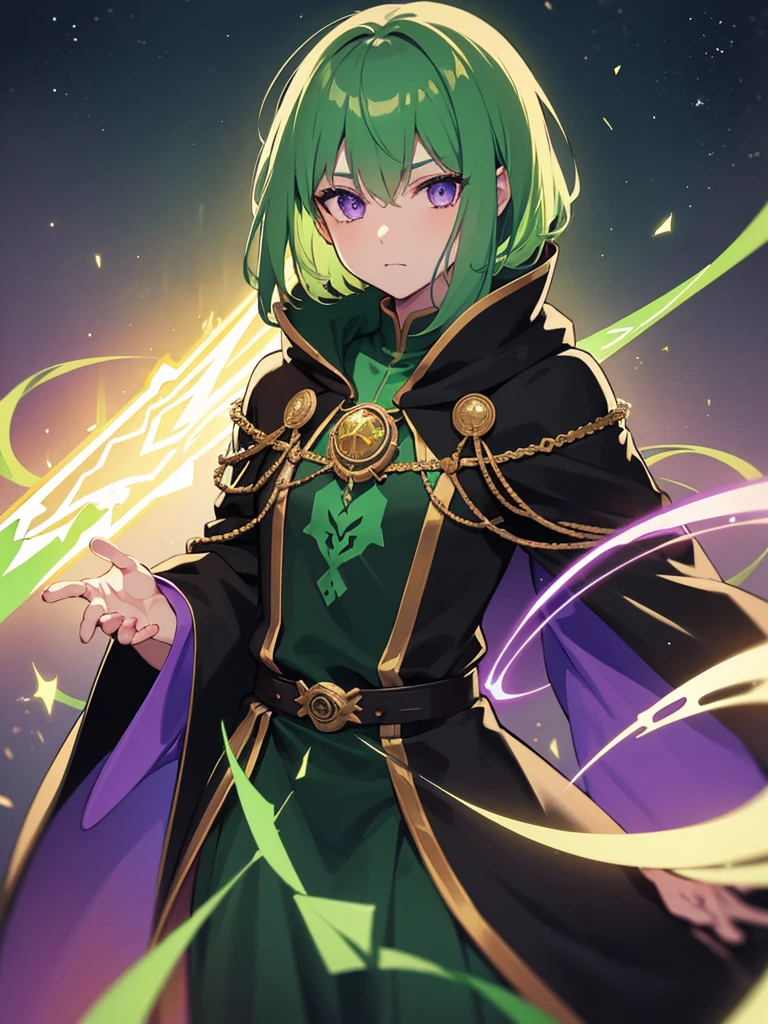 Man, mage, green hair, dark fantasy, detailed green and black cosmic robe, cosmic staff, pet dragon, purple eyes