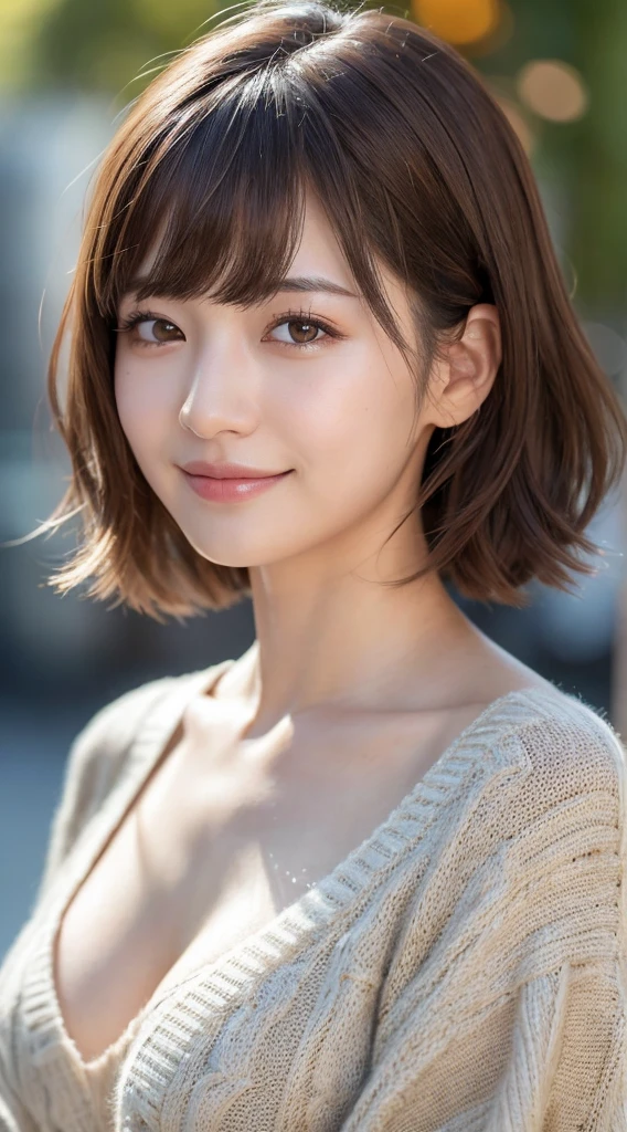 (masutepiece:1.3), High resolution, Ultra-detail, Very detailed CG Unity 8K wallpaper, Realistic, Photorealsitic, Raw photo, beautifull detailed face, pale skin, Realistic glitter skin, Detailed Cloth Texture, detailed hair texture, Beautiful face, acurate, Anatomically correct, Highly detailed facial and skin texture, Natural neck length, (Fair skin:1.2), solo、Brown hair、⦅short wavy hair⦆、With bangs、Japan Female, 19 years old、A detailed eye,harajuku、Cute realistic photos,⦅smile1.6⦆Looking at the camera、middlebreasts 、izakaya⦅Cute Smile 1.6⦆、knitted sweater、a it down and drink beer、
