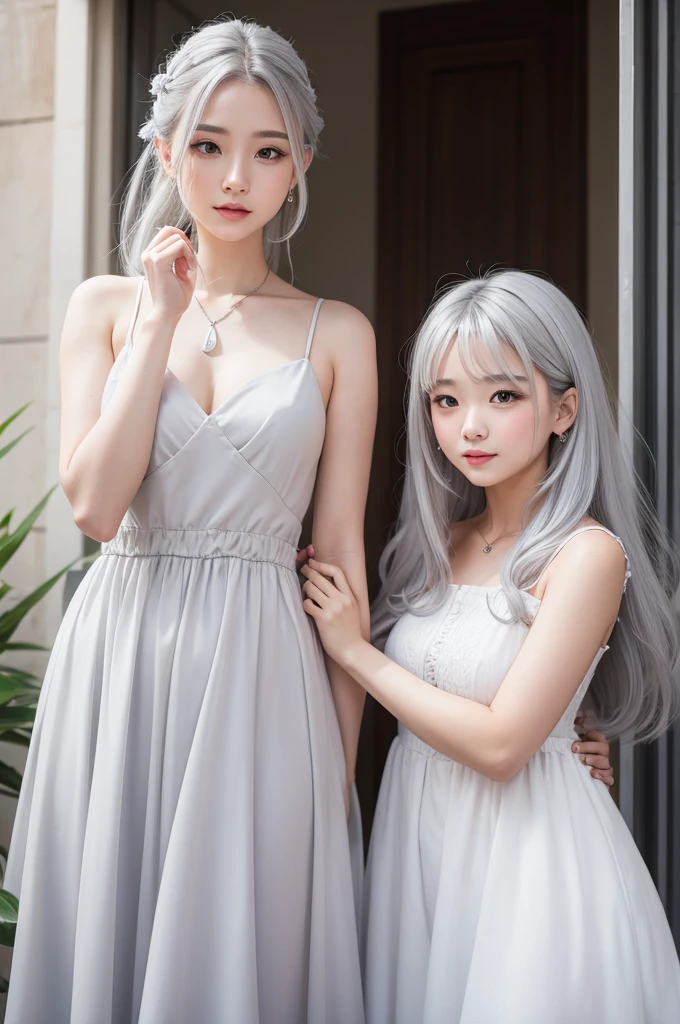 Girl with gray hair and white dress