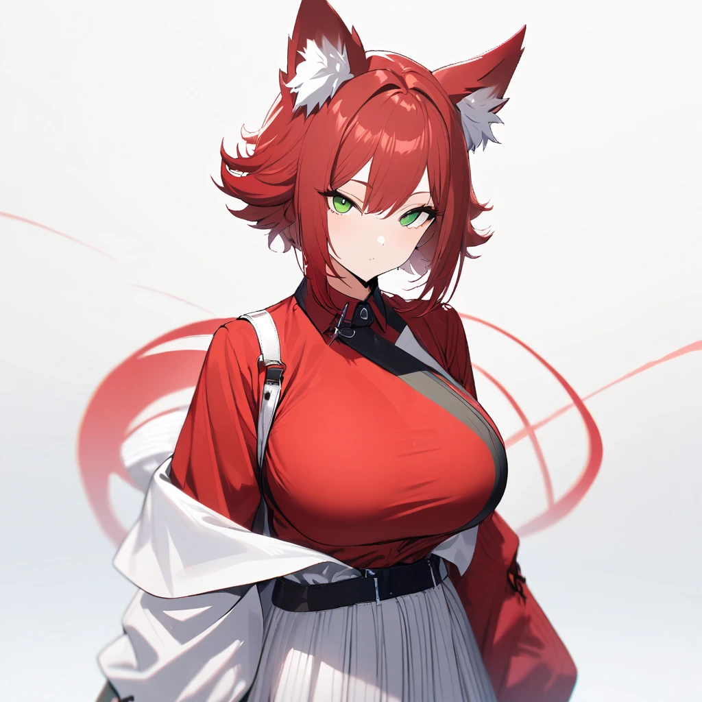 1girl,solo,red hair color,wolf cut hair(short),wolf ears,green eyes,slanted eyes,super huge breasts,slender,red shirt,long sleeves,expressionless,looking at viewer,near,beautiful person ,cool,standing up,fashion model,fashion show,Wearing a variety of clothing,white background