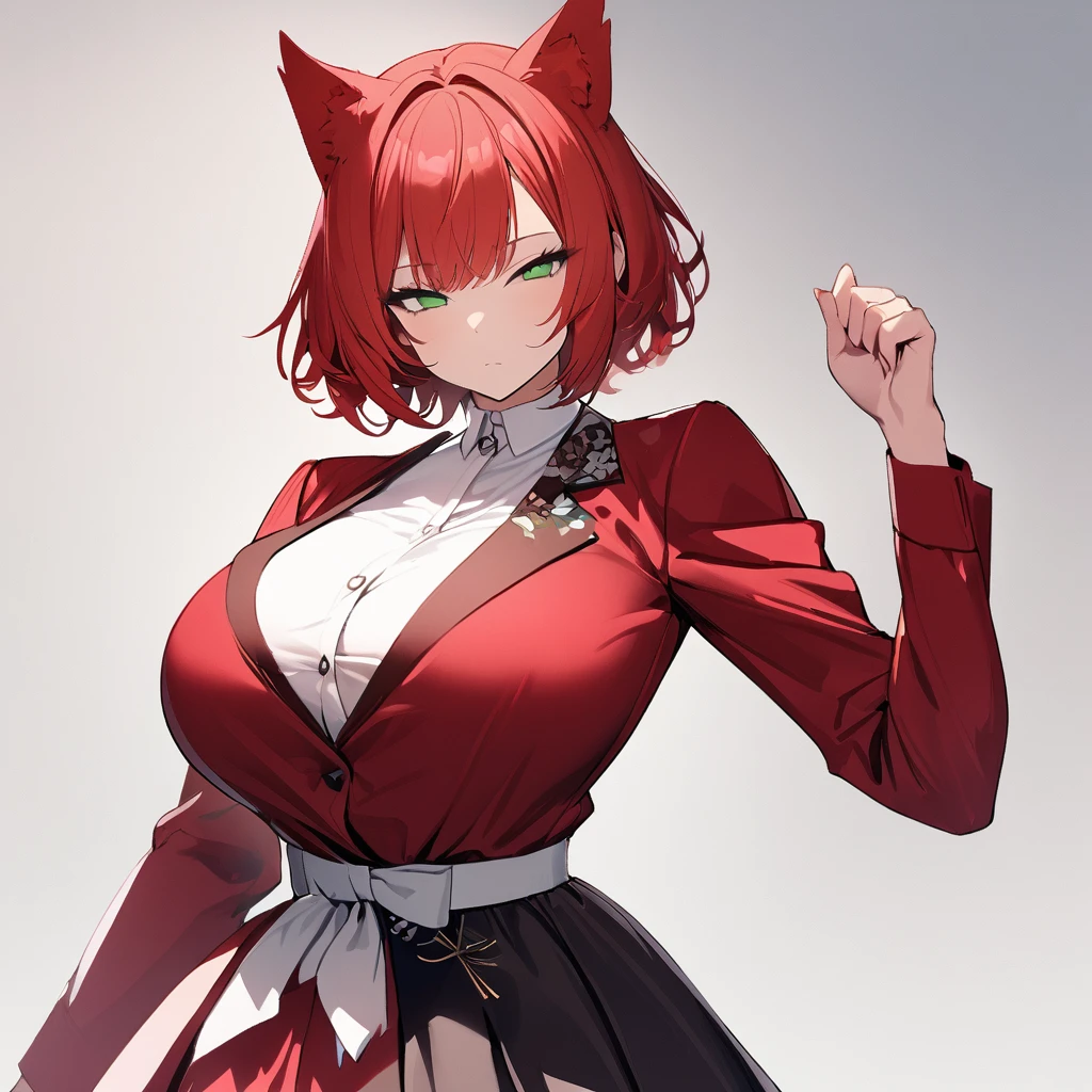 1girl,solo,red hair color,wolf cut hair(short),wolf ears,green eyes,slanted eyes,super huge breasts,slender,red shirt,long sleeves,expressionless,looking at viewer,near,beautiful person ,cool,standing up,fashion model,fashion show,Wearing a variety of clothing,white background