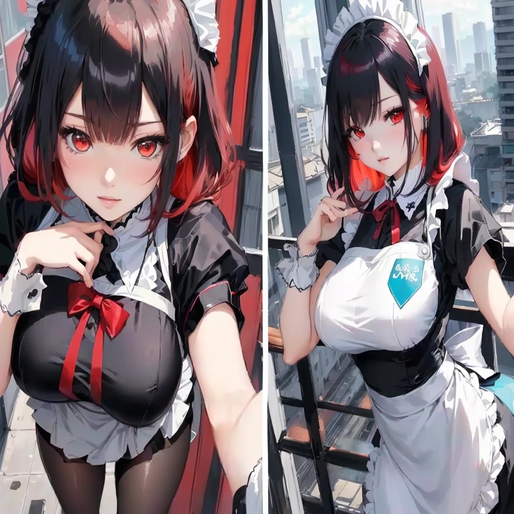 Red-haired anime girl in black and white clothes posing on the balcony, Anime maid riding early, Anime girl in maid costume, Fleet Collection Style, guys, Top rated on Pixiv, maid outfit, Clean and detailed anime art, best anime 4k konachan wallpaper, Popular on Pixiv, Popular full body on Pixiv