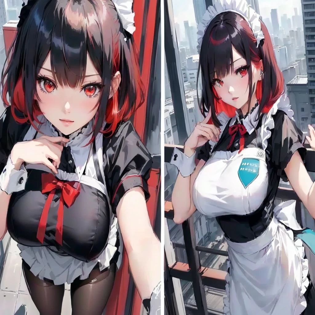 Red-haired anime girl in black and white clothes posing on the balcony, Anime maid riding early, Anime girl in maid costume, Fleet Collection Style, guys, Top rated on Pixiv, maid outfit, Clean and detailed anime art, best anime 4k konachan wallpaper, Popular on Pixiv, Popular full body on Pixiv