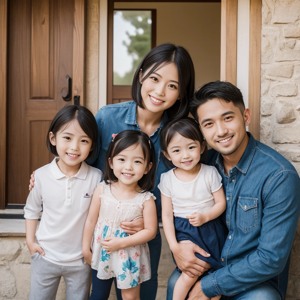 ((Highest quality, 8K, masterpiece:1.3)), Japanese,Family photo, at the front door, 28-year-old mother, 33-year-old father, 6-year-old daughter,Shortcuts, A confident smile, Showing teeth, (sunlight:1.1), Full Body Shot, Highly detailed face and skin texture, Fine grain