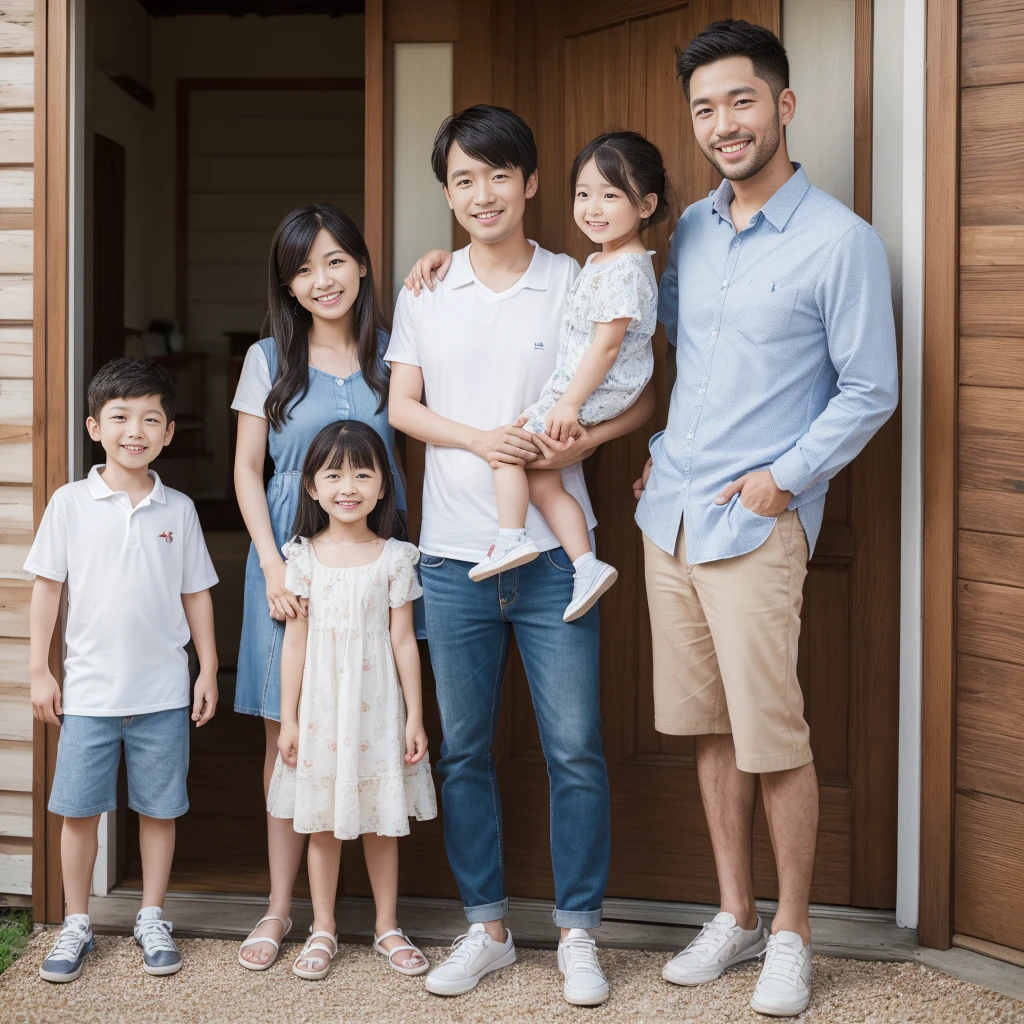 ((Highest quality, 8K, masterpiece:1.3)), Japanese,Family photo, at the front door, 28-year-old mother, 33-year-old father, 6--old ghter,Shortcuts, A confident smile, Showing teeth, (sunlight:1.1), Full Body Shot, Highly detailed face and skin texture, Fine grain