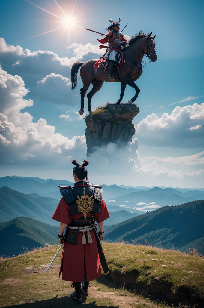 Create a samurai on top of a mountain looking at the horizon with the sky turning red
