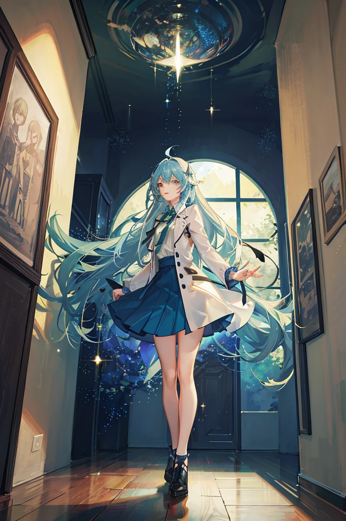 A girl with long blue hair, wearing a green shirt and skirt, using magic, cold face, magical and shimmering colors, magical and sparkling effects, panoramic view from distant