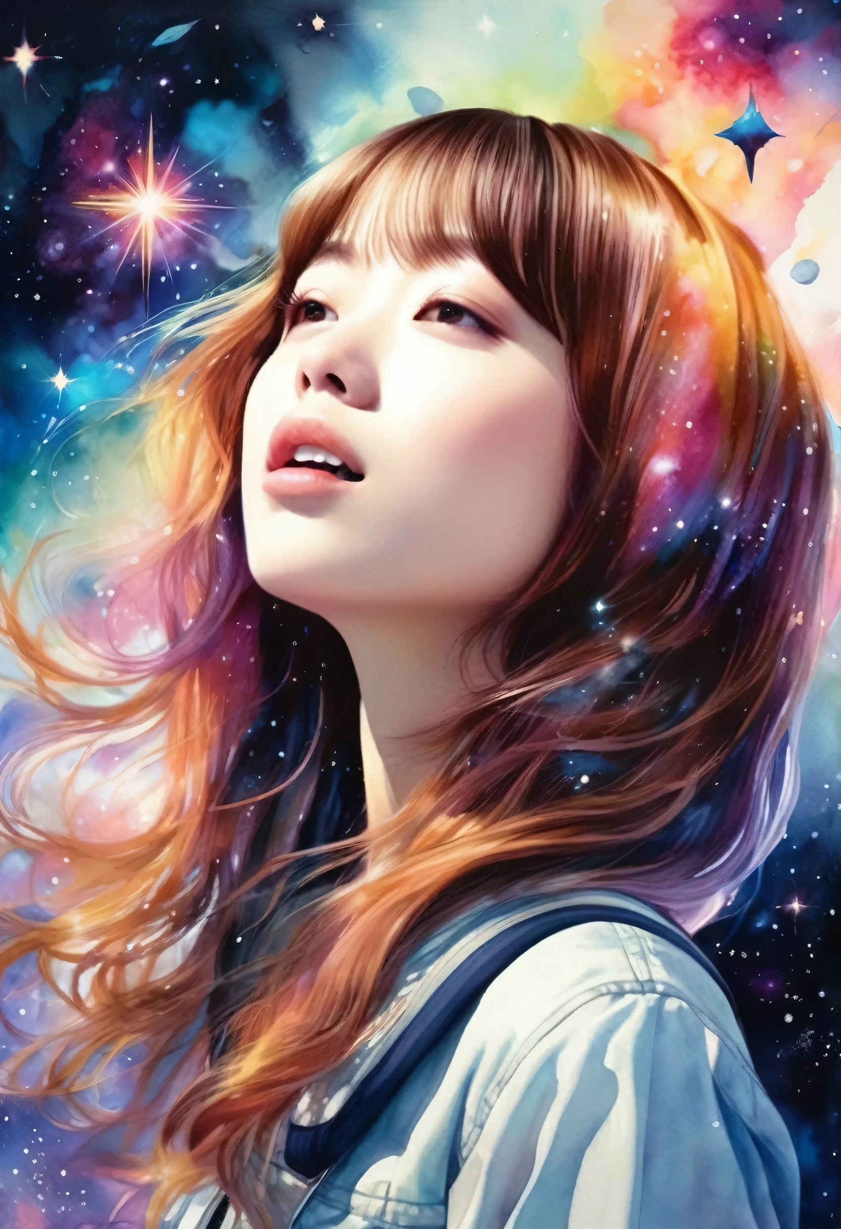 Girl singing with a microphone、Rock band vocals、Girl flying in space、A girl flying in the Starry Sky、Beautiful face girl、Farbe々なFarbeの星の光、diego gisbert lawrence、Joe San Gonzalez Dan Mumford、Picture book illustrations、Psychedelic Art、Starry Sky、nebula、vague、superwide shot、Highest quality、Ultra-detailed、Intensive、Golden ratio composition、Kanna Hashimoto、WaterFarbe、