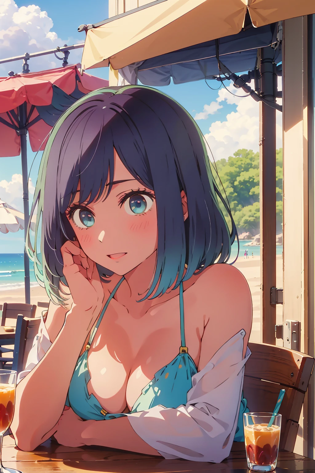 (Highest quality:1.4、masterpiece:1.4、Super detailed:1.4、8K:1.4)、((((1 person、Surprised expression、sit、Outdoor café terrace、coastal、juice、table、Sandy Beach、bikini、juiceのグラスを持つ、Big eyes、Shallow depth of field、Very cute face))))、(sunset、Sunset)、F cup bust、Big Breasts、Get up close and take a photo