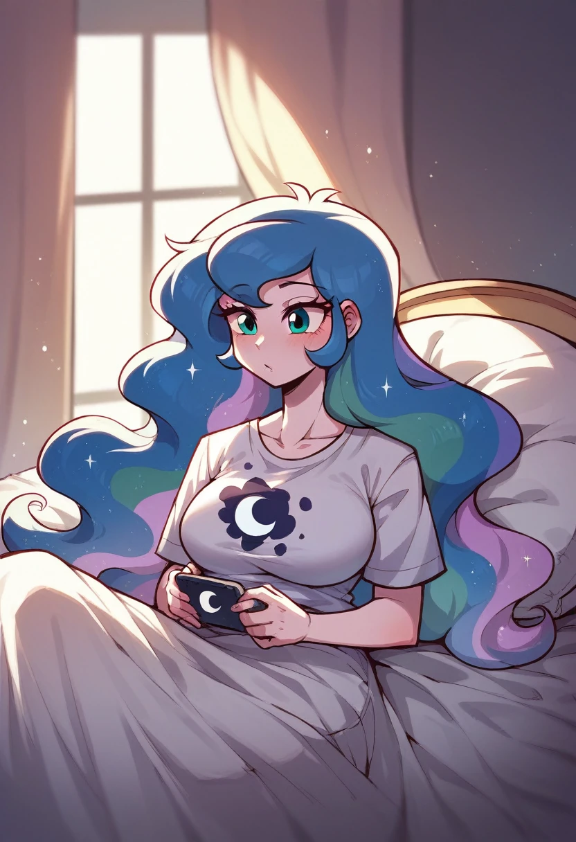 my little pony equestria girls princess luna , HUGE titties , princess celestia , wearing pjs in the bed texting
