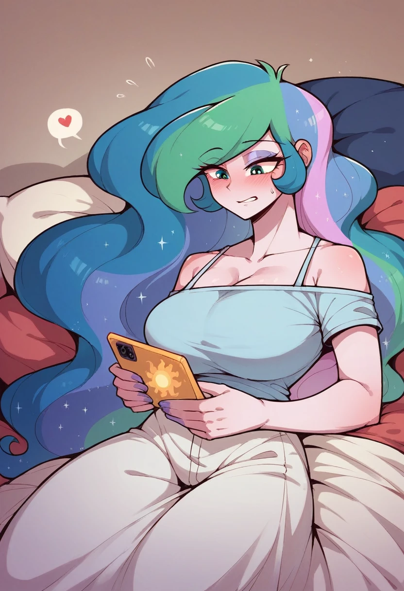 my little pony equestria girls princess luna , HUGE titties , princess celestia , wearing pjs in the bed texting