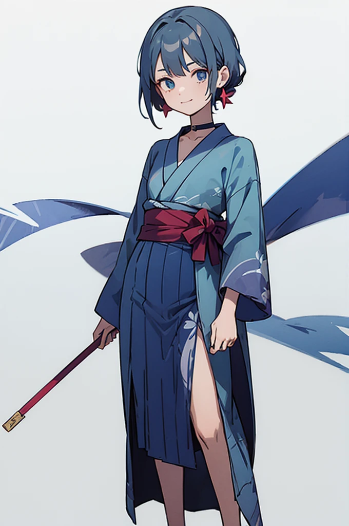 Blue and green yukata、Red and blue hair、Shoulders are out、Mischievous face、Choker on neck、Big earrings、The earrings are red、Arms crossed、Only the mouth is smiling、Straw sandals、Choker on right leg(whole body、Are standing、、White background)