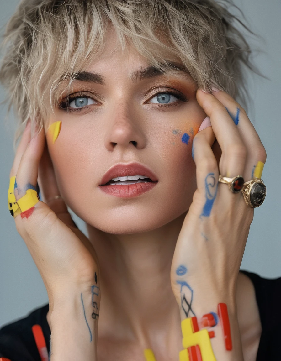 professional photography of of (ohwx woman) in the style of danny mondrian, 4k resolution. 8mm lens f/8 full hd depth shading portrait film grain detailed realistic vfx simulation face fine detail high quality octane render unreal engine beautiful colors by richard kuanzlo and jeremy lipking cinematic realism volumetric lighting subsurface scattering light effect very hyperrealism photo on canvas trending at cgsociety artstation