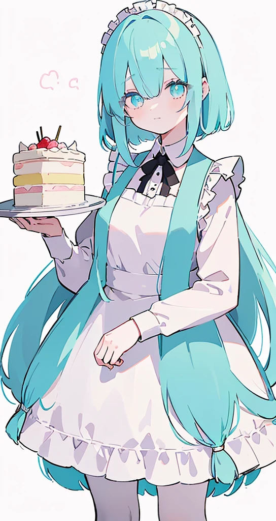 (((Long cyan Beautiful Hair))),cyan hair,kawai,(((Eyes visible from bangs,hair over eyes:1.3))),,Huge breasts,(pink color eyes),,(pink slanted eyes),1girl in,bangs,long gray hair, pantyhose,Cowboy Shot,white background,short hair,smiled,(wearing pink maid clothes), (maid dress type must have a perfect black vest), Bangs should be long to the tip of the chin((Background of girl standing in front of cake shop)) Perfect arm fingers,,, 1 girl, (Small mouth slightly open hand holding a small paper poster) ((Bangs almost cover the eyes)) character full body (The character's entire body from top to bottom is completely visible)