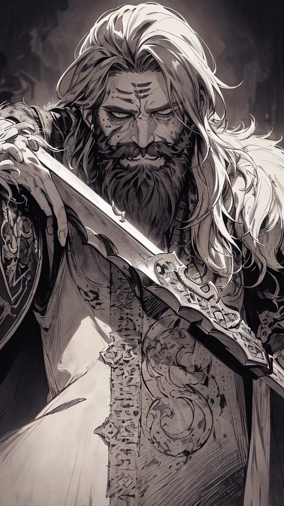 Highest quality, (Background details), High Contrast, Detailed original illustrations, Dwarven warriors、白hair、Muscular々、Wearing armor、whole body、Has an axe、, Medieval, Earrings_Deeply engraved_eye, Wrinkled face, dark_Stitch_Cape, (Dramatic lighting:1.25), (Shadowed Background:1.2), (dirty_ Sloppy_gray_hair:1.2), (length_Hairy_beard:1.3)Small stature、Delicate face, , Wicked Smile、鋭いeye, Black background, (Black background: 1. 5) Beautiful line art, Monochrome