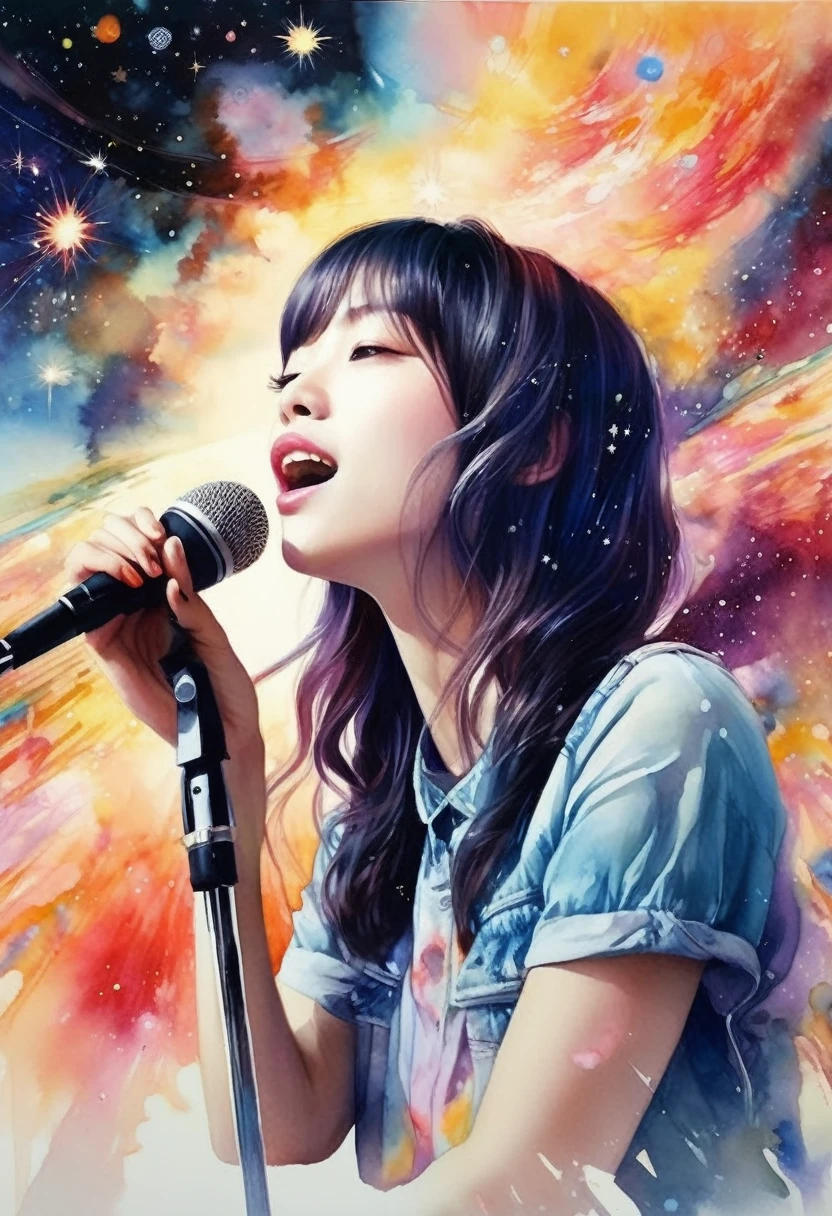 Girl singing with a microphone、Rock band vocals、Girl flying in space、Starry Skyを飛ぶ少女、Beautiful face girl、color々なcolorの星の光、diego gisbert lawrence、Joe San Gonzalez Dan Mumford、Picture book illustrations、Psychedelic Art、Starry Sky、nebula、vague、superwide shot、Highest quality、Ultra-detailed、Intensive、Golden ratio composition、Kanna Hashimoto、Watercolor、