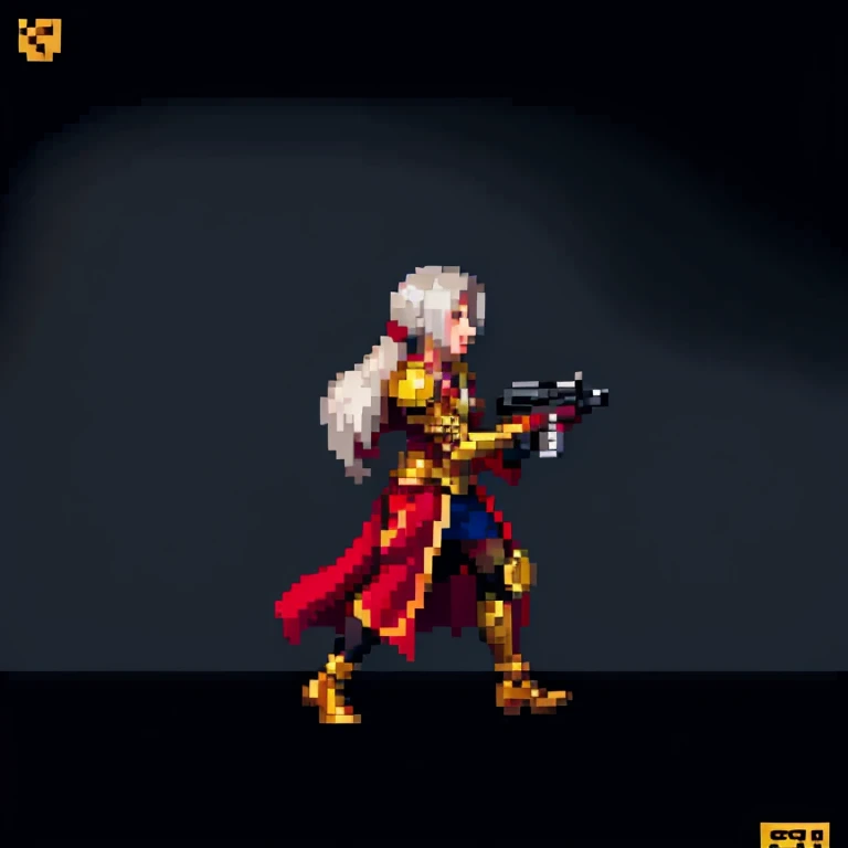 ((Side view)),pixel,pixel art,pixelart,xiangsu,xiang su,8bit,16bit,1girl,Raise the pistol to aim,full body,Solid background
masterpiece,best,quality,warhammer 40k, anime girl, science fiction, guns, machinery, armor,Gothic, White hair, Red robe,Gold jewelry