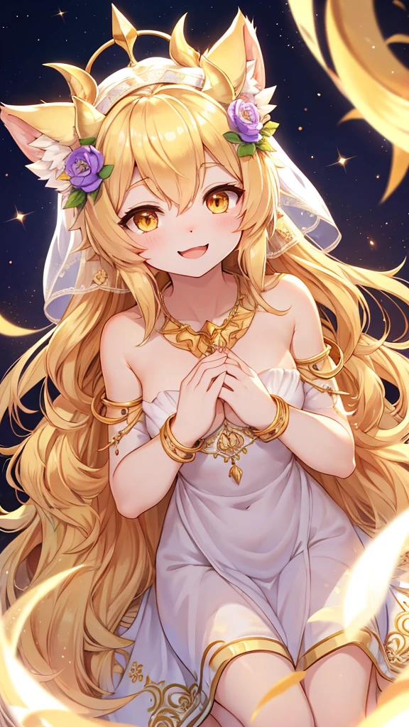 Highest quality,Highest Resolution,(Fluffy personification :1.3),Cat girl,Long golden hair,Wavy Hair,Hair spreads in the air,Golden Eyes,Sparkle Eyes,Gold and white fur,Looking through the white dress,No sleeve,Seeing through the white veil,A long white cloth visible over the shoulder,The long white cloth around her wrist is visible through the fabric.,Gold bracelet,Gold body accessories ornaments,Flower Hair Ornaments,Gold body ornament,barefoot,Floating in the air,A yellow ring on the head,Shiny horned wings on the back,panoramic,Golden Cloud Background,Golden sun rays,Light and shadow,View your viewers,smile,Open your mouth,smile,Place your hand on your chest,Female Furry,furry