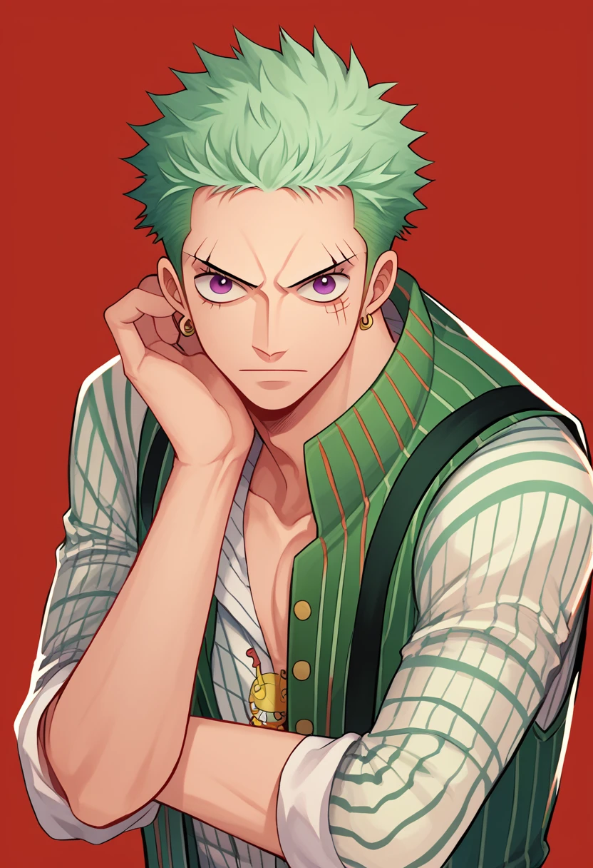 score_9, score_8_up, score_7_up, score_6_up, score_5_up, score_4_up, Roronoa Zoro, r3dgl0w, purple eyes, red background, 1boy, dark, one piece, anime