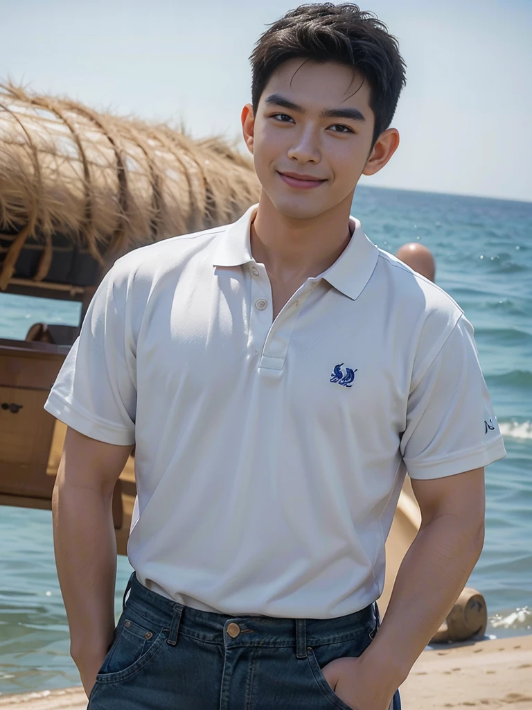 (Masterpiece: 1.2),(CGI art:1.3),(realistic:1.5),(post processing:1.3), (sharp focus:1.3), Asia, 1 male, smile, (White Polo Shirt), (jeans), Korean guy , korean men, (High gloss details), chest muscles, Big arm muscles, blood vessel, big muscles, shoulder, looking at the audience, Balancing the eyes, By the sea, beach, sunlight, Run towards the camera....