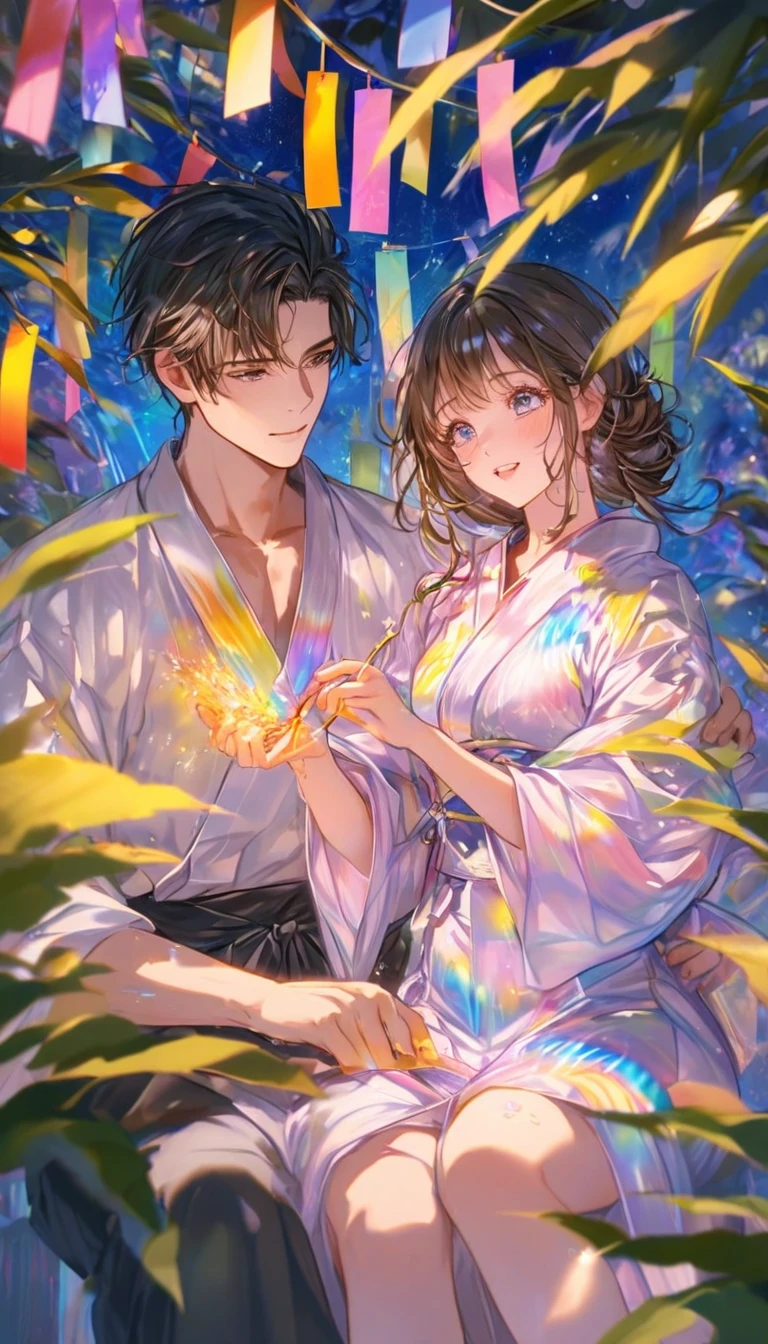 Tanabata for two、Strip、Bamboo leaf、Stripに願いをこめて、Stripを持っている、Grilling in a yukata,fluid,Particles of light, dream-like,Sparkling,dream-like glow,Paint drips,oil,strong stroke,Paint drips,Splash Paint Drop, oil,(Abstract:1.2)A girl and a boy made up of(Tanabata Light Trace:1.25),Change to (Radioluminescence light tracking) Style Tanabata,They are Orihime and Hikoboshi(Cowboy Shot,Above Knee Portrait:1.25),Temple Fair,Summer festival,Shining in rainbow colors、16K, Ultra-high resolution, to be born,wonderful ,future、Iridescent、The world 30 years from now。