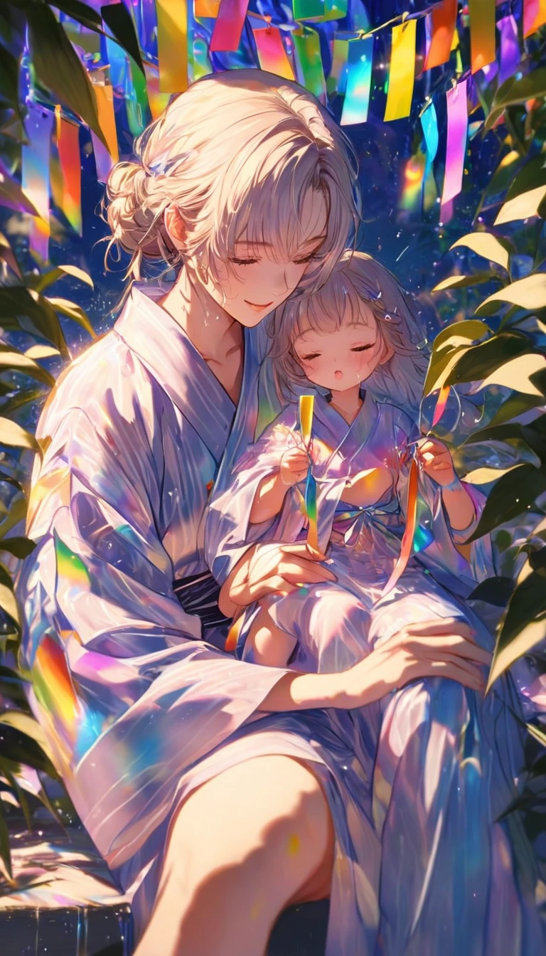Tanabata for two、Strip、Bamboo leaf、Stripに願いをこめて、Stripを持っている、Grilling in a yukata,fluid,Particles of light, dream-like,Sparkling,dream-like glow,Paint drips,oil,strong stroke,Paint drips,Splash Paint Drop, oil,(Abstract:1.2)A girl and a boy made up of(Tanabata Light Trace:1.25),Change to (Radioluminescence light tracking) Style Tanabata,They are Orihime and Hikoboshi(Cowboy Shot,Above Knee Portrait:1.25),Temple Fair,Summer festival,Shining in rainbow colors、16K, Ultra-high resolution, to be born,wonderful ,future、Iridescent、The world 30 years from now。
