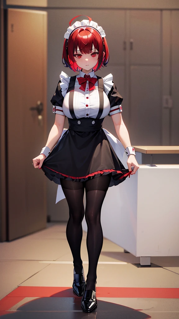 solo,1girl(big breast)(masterpiece, best quality:1.2),Ellen Jo,Zenless Zone Zero,alternate costume ,maid, shark tail, (shark girl:0.5), short hair,black hair,red eyes, tail, pantyhose,multicolored hair, black footwear, short sleeves, apron, wrist cuffs, maidheaddress, stockings, nyantchaellen joe, black hair, red hair,colored inner hair, multicolored hair, (red eyes:1.3), red hair, short hair, two-tone hair,apron, black pantyhose, black shirt, ear piercing,