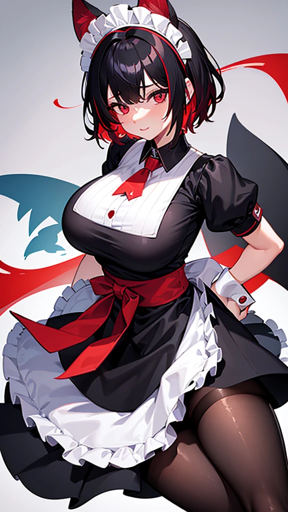solo,1girl(big breast)(masterpiece, best quality:1.2),Ellen Jo,Zenless Zone Zero,alternate costume ,maid, shark tail, (shark girl:0.5), short hair,black hair,red eyes, tail, pantyhose,multicolored hair, black footwear, short sleeves, apron, wrist cuffs, maidheaddress, stockings, nyantchaellen joe, black hair, red hair,colored inner hair, multicolored hair, (red eyes:1.3), red hair, short hair, two-tone hair,apron, black pantyhose, black shirt, ear piercing,