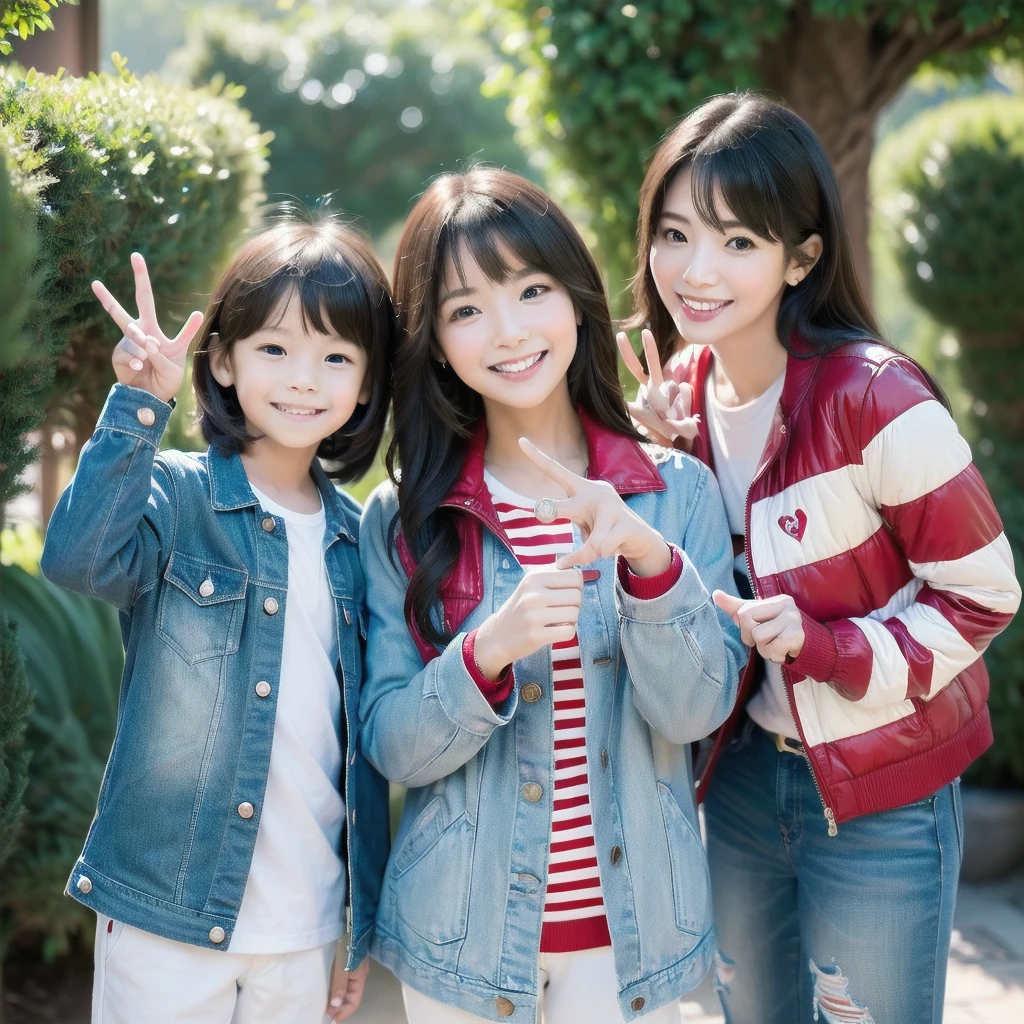 Highest quality,masterpiece,Ultra-high resolution,Perfect Anatomy,(truth:1.4),RAW Photos,smile,Children of short-haired boys,Woman with long hair and 2 year old boy with short hair,a woman and small boy, Mom and short-haired son,Gorgeous Mother And Smiley Boy,(Big tree々Parks and)(((Big treeの後ろに隠れている母)))、(hide and seek)Cowboy Shot,Cinema Lighting,Fashion model parents,Adorable,, (Browsing Caution:1.2)、(Black-haired baby looking for his mother)、(Long-haired mother and short-haired daughter)、(A mother in a white and red striped jacket and her daughter in a blue jacket)、 A confident smile, When talking on the phone、Make a gesture commonly associated with the peace sign