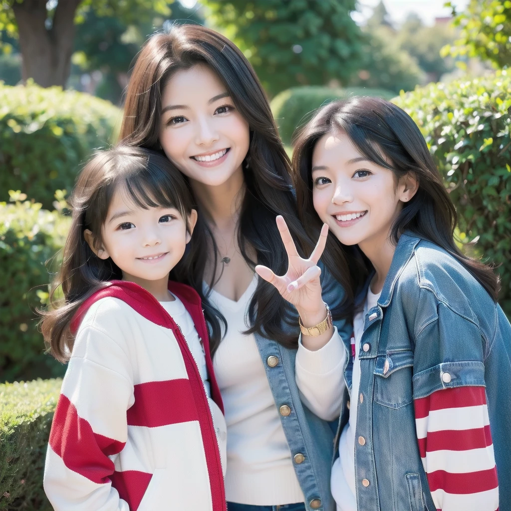 Highest quality,masterpiece,Ultra-high resolution,Perfect Anatomy,(truth:1.4),RAW Photos,smile,Children of short-haired boys,Woman with long hair and 2 year old boy with short hair,a woman and small boy, Mom and short-haired son,Gorgeous Mother And Smiley Boy,(Big tree々Parks and)(((Big treeの後ろに隠れている母)))、(hide and seek)Cowboy Shot,Cinema Lighting,Fashion model parents,Adorable,, (Browsing Caution:1.2)、(Black-haired baby looking for his mother)、(Long-haired mother and short-haired daughter)、(A mother in a white and red striped jacket and her daughter in a blue jacket)、 A confident smile, When talking on the phone、Make a gesture commonly associated with the peace sign