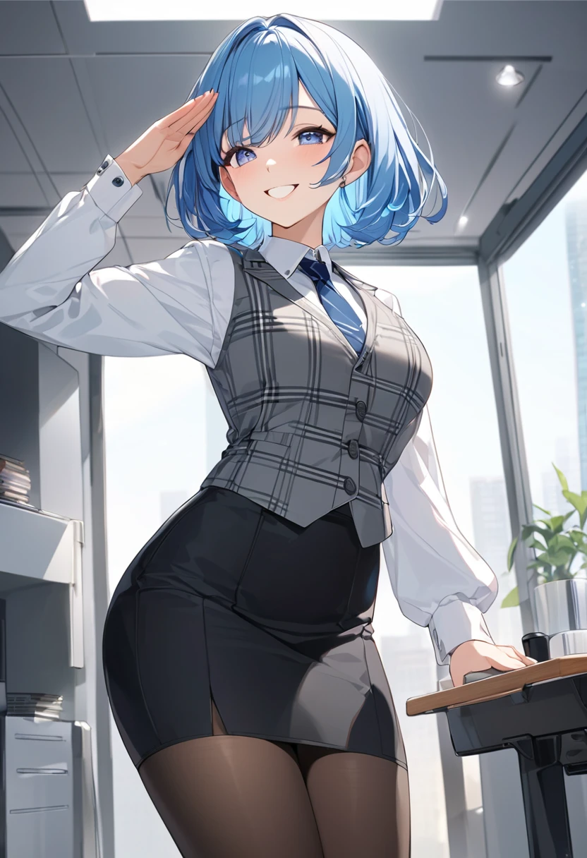 (Highest qualityのイラスト:1.2), (pretty girl:1.1), (1 girl、17 years old、Highest qualityのイラスト:1.2), (1 girl、smile、Beautiful breasts、Very detailedな目:1.2)、((Bright blue hair:1.2))、Short Bob Hair、(Highest quality、Very detailed、Very detailed and beautiful、Ultra-high resolution) 、BREAK wearing a [[white and gray plaid pattern]] vest over a long sleeve white collared-shirt), (buttoned gray vest:), (tight black pencil skirt), (pantyhose),office、Front facing、smile、Salute