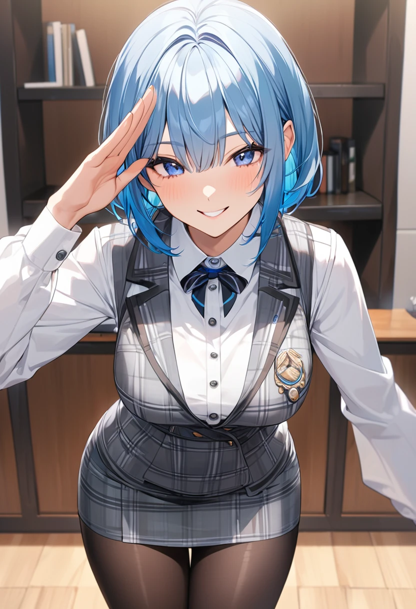 (Highest qualityのイラスト:1.2), (pretty girl:1.1), (1 girl、、Highest qualityのイラスト:1.2), (1 girl、smile、Beautiful breasts、Very detailedな目:1.2)、((Bright blue hair:1.2))、Short Bob Hair、(Highest quality、Very detailed、Very detailed and beautiful、Ultra-high resolution) 、BREAK wearing a [[white and gray plaid pattern]] vest over a long sleeve white collared-shirt), (buttoned gray vest:), (tight black pencil skirt), (pantyhose),office、Front facing、smile、Salute