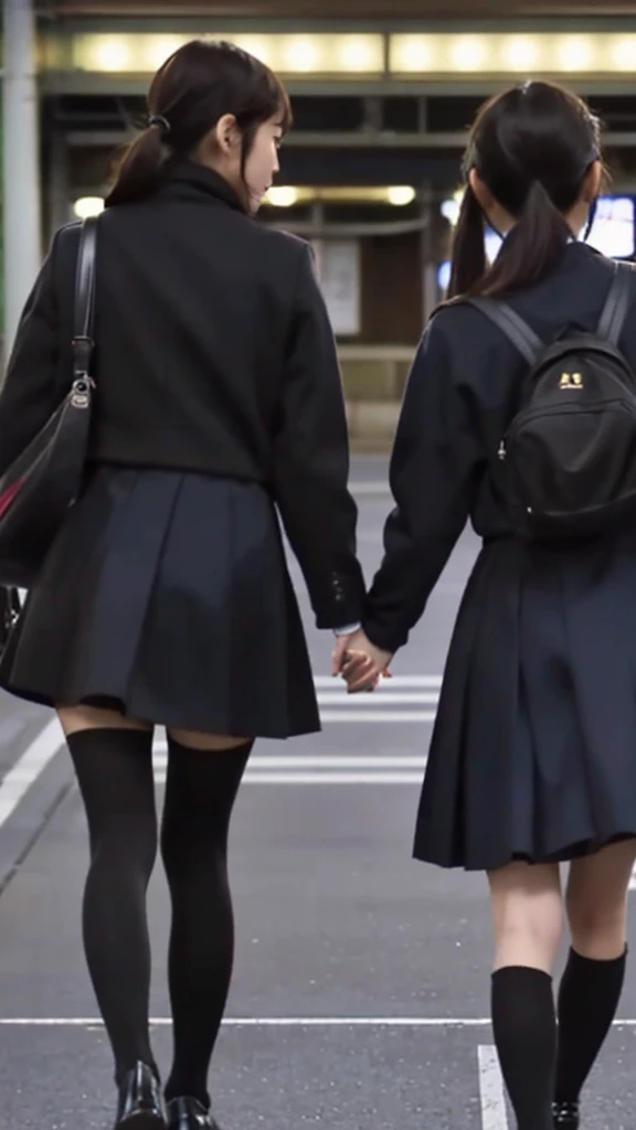 screengrab from a low quality blurry phone video of two Japanese schoolgirls wearing a skirt and black shoes, walking at a station in Tokyo, close up on their legs, black tights, dark hair, winter time, low resolution, blurry image, posted to snapchat in 2018.