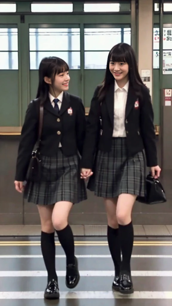 screengrab from a low quality blurry phone video of two Japanese schoolgirls wearing a skirt and black shoes, walking at a station in Tokyo, close up on their legs, black tights, dark hair, winter time, low resolution, blurry image, posted to snapchat in 2018.