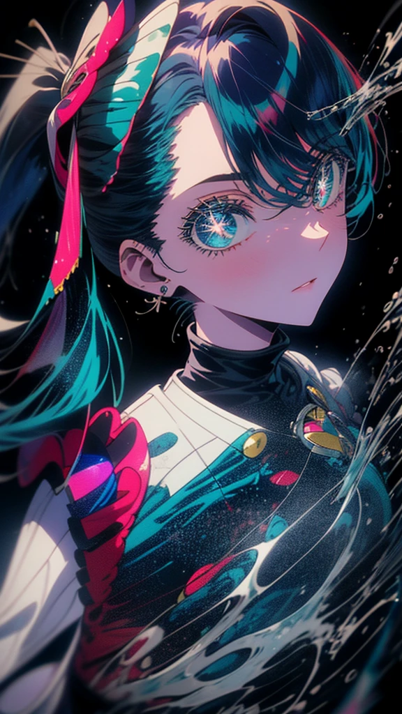 Blue-haired side ponytail,Design clothing,Seven-doppelganger shot,Anime style 4K,Anime girl with teal hair,High quality anime art style,座っている,Splash ink background,Blue Themes。