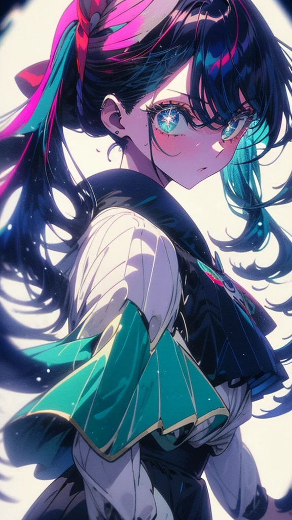 Blue-haired side ponytail，Design clothing，Seven-doppelganger shot，Anime style 4K，Anime girl with teal hair，High quality anime art style,座っている,Splash ink background，Blue Themes。