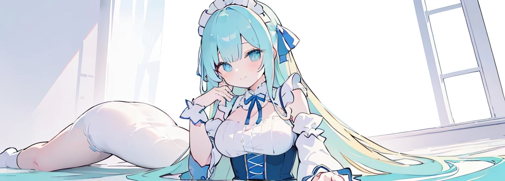 (long beautiful blonde hair) cyan eyes, (Eyes behind long bangs) big breasts, Sitting pose using accessories (using socks) perfect shiny beautiful cyan shoes (Wearing luxurious palace maid clothes Perfect perfect noble) Pose facing sideways (Girl1, straight hair not too long, bangs covering one eye, soft face, gentle smile) long BLONDE hair, beautiful cyan eyes (Sitting pose, right hand down, left hand down, leaning pose, smile kawai, (blank white background) Wearing a blue corset, (Using a beautiful bright blue ribbon) Kawai shy cute eyes (cyan colored shoes must be shiny, Must wear short white socks) Short custom maid sleeves reaching mid-shoulder, Use lots of accessories